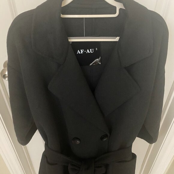 NWT Classic Black 100% Wool Double Breasted Belted Winter Coat - Picture 2 of 10